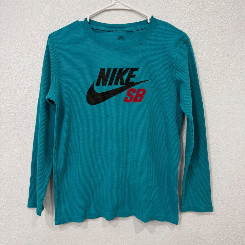 Nike SB Boys Teal Waffle Knit Long Sleeve Thermal Shirt Logo L 12-13Y 916537-313